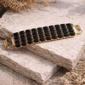 Vintage Black Glass Panel Bracelet Gold Tone Retro Mid Century Costume Jewelry
